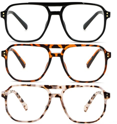 KoKoBin 3 Pack Oversize Volo Cerniera a molla Vintage Occhiali da lettura da uomo e da donna Quadrato Anti Luce Blu Computer Reader (Confezione da 3, 1.5, Diottria)