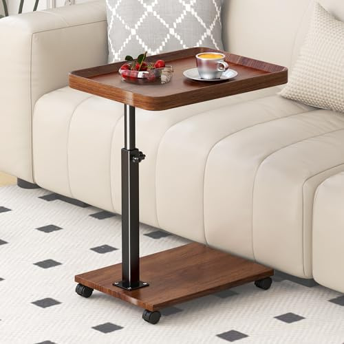 YUTVCZO Beistelltisch c Form Höhenverstellbar mit Rollen, 360° Rotierend Couch Beistelltisch Holz Sofatisch, Mobiler Klein Beistelltisch für Sofa Bett, Modern Couchtisch für Wohnzimmer (Square)