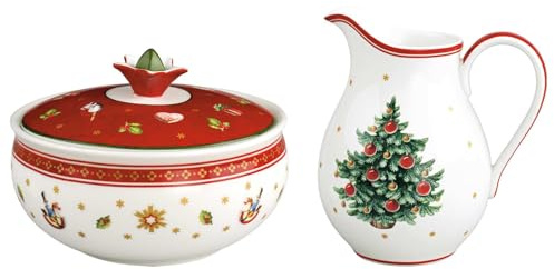 Villeroy & Boch Toy's Delight Milch- und Zucker-Set, Milchkännchen (500 ml) und Zuckerdose (420 ml), Serviergeschirr mit Weihnachts-Dekor, Premium Porzellan, Rot-Weiß