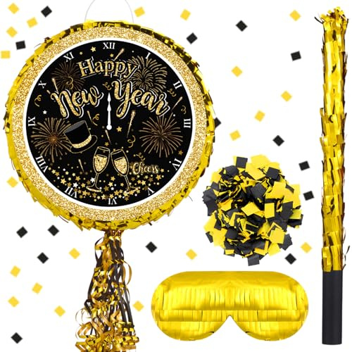 Vertintong 2026 New Year Piñata Round Clock Pull Piñata Happy New Years Eve Party Supplies Decorations 13 Inch Black and Gold Ribbon With Stick Blindfold for Adults