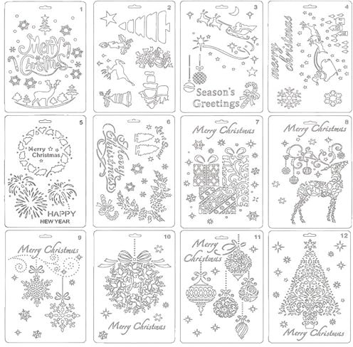 BDSHUNBF 12 Stück Schablone Weihnachten Set, Zeichenschablonen Malschablonen Wiederverwendbar, Weihnachtsbaum Weihnachtsmann Schneeflocke Elch Vorlage für DIY Dekoration