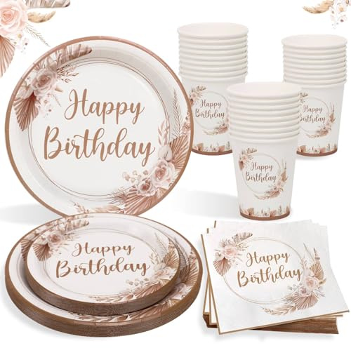 Heboland Vaisselle Anniversaire pour 25 Invités, 100pcs Réutilisable Assiette anniversaire serviette gobelet carton pour Décoration Anniversaire fille Femmes