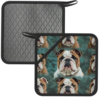 Topflappen mit Tasche für die Küche, hitzebeständige Silikon-Heißpads für Arbeitsplatten, Ofen, lustige englische Bulldogge, Topflappen-Set zum Kochen, Backen, Topfuntersetzer, 18 cm, 2 Stück