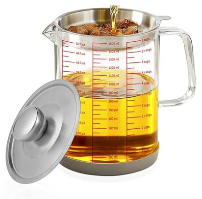 ZNTIHZ Oil Strainer Pot 1.5L Glass Oil Filter Pot with Scale Measuring Cup Grease Container Oil Separator Fine Mesh Strainer Tank Storage Kitchen Gadget For Storing Frying Oil