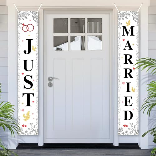 PartyYaa Just Married Deko, Gerade Geheiratet Tür Banner für Hochzeit Fest, Liebesgeständnis, Valentinstag, Heiratsantrag, Brautdusche & Junggesellinnenabschied Dekoration