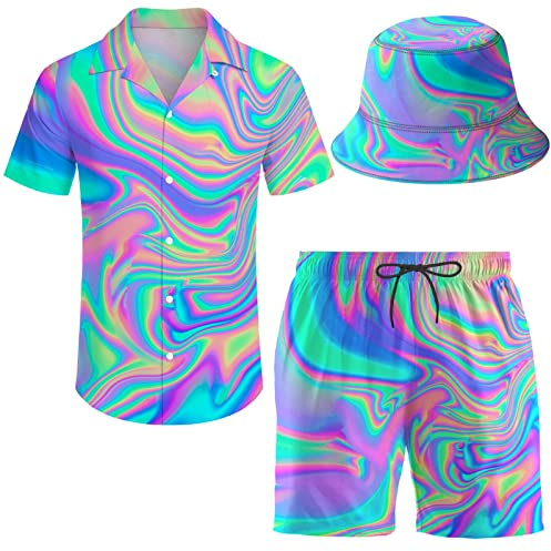 asbwuo Tuta da Uomo 3 Pezzi con Camicia Hawaiana, Pantaloncini da Spiaggia, Camicia con Bottoni e Pantaloncini, Set con Cappelli da Pescatore, Psichedelico e Trippy