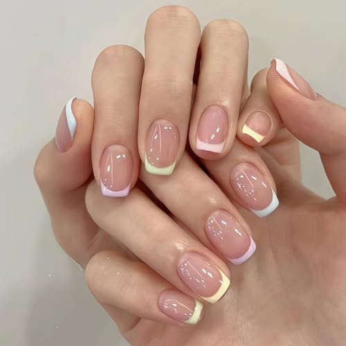 French Tip False Nails, Press on Nails with Glue, Colourful Square Short Stick on Nails, Full Cover Elegant Nude Acrylic Nails Fake Nails for Women Nail Art (24PCS)