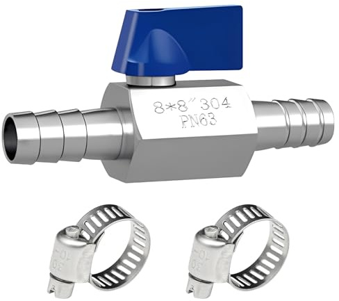 8 mm kulventil med hulling, 304 kulventil i rostfritt stål, 8 mm, avstängningsventil i rostfritt stål, pagodled, minikulventiler med 2 slangklämmor, miniavstängningsventil för vatten, gas, olja