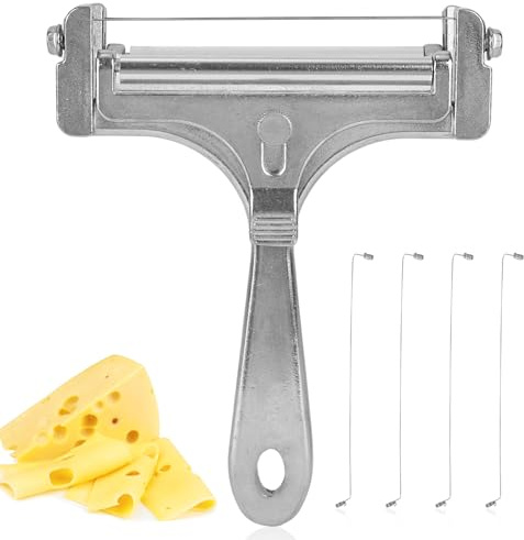 lasuroa Cortador de Queso, Rebanador de Queso Acero Inoxidable con 4 Alambres Adicionales Cortador Manual Ajustable para Cheddar Gruyere y Mozzarella Cocina Cortar Herramientas (Plata Brillante)