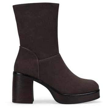 BOSANOVA Botas de tacón para Mujer en Ante con caña Media y Suela de Plataforma con tacón Efecto Madera. Cierre con Cremallera Interior. Calzado para Mujer Marron 36