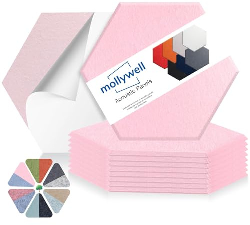 Mollywell Hexagon Acoustic Wall Panels, 35x30 cm, High Density, Sound Proofing Wall Decor, Self Adhesive Felt Tiles for Home, Studio, Office & Focus Zone, 8 Pack, Cherry Blossom Pink