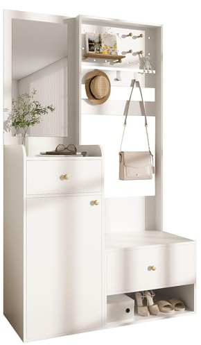 muenfly Ensemble de garde-robe compacte avec miroir, garde-robe de couloir moderne avec banc, crochets réglables et étagère à chaussures, armoire multifonction pour les petites pièces et l'entrée