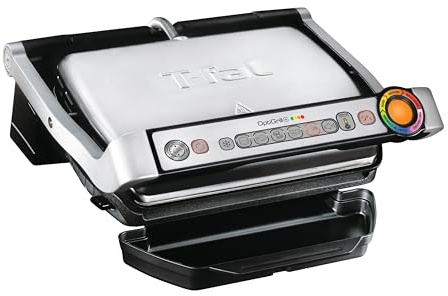 T-Fal OptiGrill Stainless Steel Electric Grill, 4 Servings, 6 Automatic Cooking Modes, Intelligent Grilling, Rare to Well-Done, Panini Press, Nonstick Removable Plates, Indoor, Silver