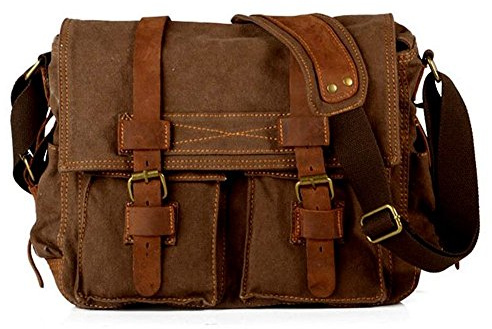 Borsa per computer portatile da 14,5 pollici, da uomo, vintage, casual, in tela, borsa messenger da uomo, in pelle militare, da viaggio, borsa a tracolla per la scuola, per notebook e laptop (caffè),