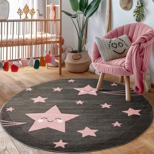 Carpettex Kinderteppich süße Stern Design Pink 120 cm Rund - Kurzflor Teppich Kinderzimmer für Mädchen und Jungen Pflegeleicht Weich - Waschbarer Spielteppich Babyteppich Gaming Teppich Babyzimmer
