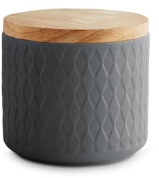 Springlane Keramik Vorratsdose 380 ml – Dunkelgrau mit Rautenmuster & Holzdeckel – Aufbewahrungsdose 10,1 x 9 cm für Tee, Zucker, Kaffee, Snacks