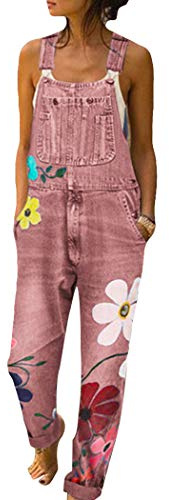 HANMAX Damen Denim Jeans Latzhose Langer Overall Blumen Jeansoptik Klasse Vintage Jeans Lang Lässig Baggy Boyfriend Stylisch Jumpsuit Hüftjeans