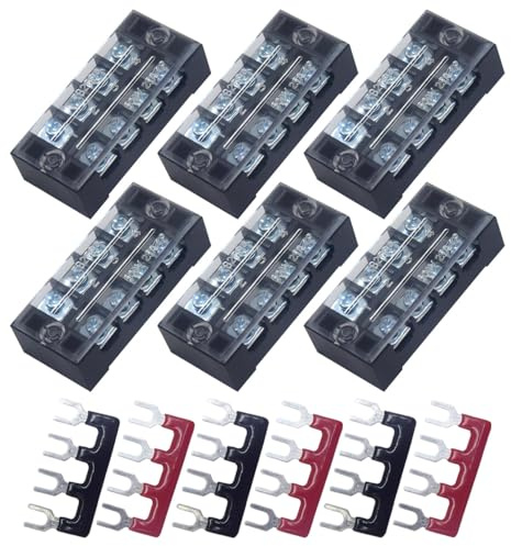 CEEYSEE Schraubklemmenleiste, 6 Stück 4 Positionen zweireihig abgedeckte Schraubklemme 600V 25A + 6 Stück 4 Positionen vorisoliert schwarz/rot Gabelklemmleiste 400V 25A (DTB2504)