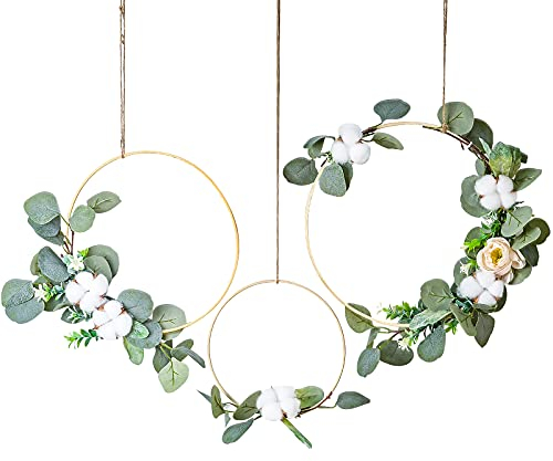 DriSubt Eukalyptus Kranz Deko Kranz 3er Set Künstliche Blume Hängende Dekoration Runder Bambus Wandkranz für Geburtstag Hochzeit Party Wohnaccessoires Deko Hängend