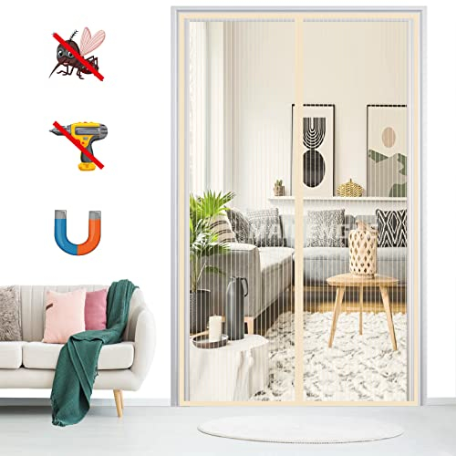 Magnet Fliegengitter Tür Insektenschutz, Magnetischer Fliegenvorhang Selbstklebend Moskitonetz ohne Bohren, für Balkontür Terrassentür Wohnzimmer-Beige|| 70x265cm(27x104inch)