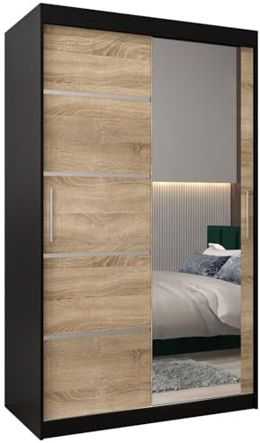MEBLE KRYSPOL Kleiderschrank mit Spiegel Verona 2 - Garderobenschrank - Schrank Schlafzimmer - Mehrzweckschrank Zwei Schiebetüren - Regalen - Flur Möbel - Kleiderstange Schrank - Allzweckschrank