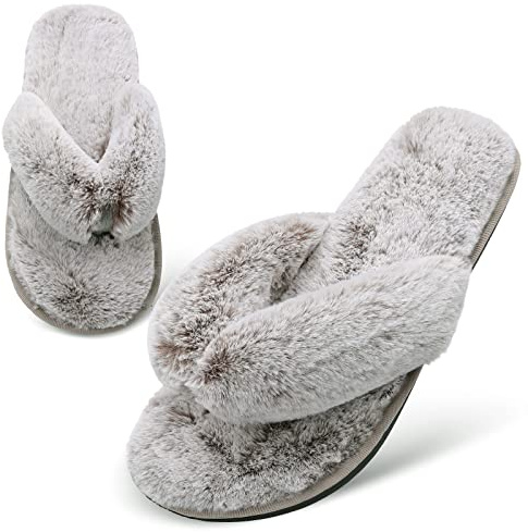 JOINFREE Womens Thong Slippers Soft Plush Fleece House Slippers for Women Indoor Outdoor Tip Coffee 7.5-8.5 M