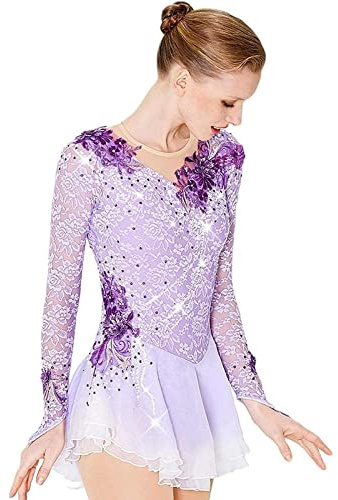 ZEDDG Ragazze Donne Abito da Pattinaggio Artistico Professionale Body da Ginnastica Vestito da Pattinaggio Artistico Costume da Gara di Pattinaggio,Elasticizzato,Fatto a Mano,Purple-M