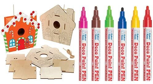 Baker Ross Lebkuchen-Vogelhaus Bastelset aus Holz (2 Stück) und Deko-Lackstifte (Packung B) 6 Stück