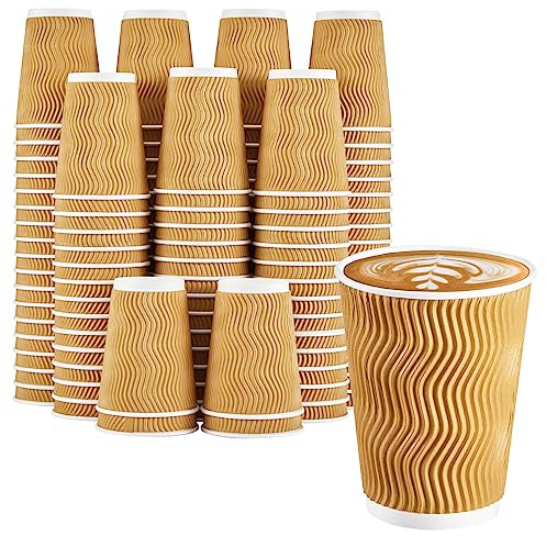 Clawsoff Paquete de 120 tazas de café desechables de 12 onzas, corrugadas, aisladas, onduladas, de papel de pared, tazas de café de papel kraft para llevar para bebidas calientes o frías, oficina