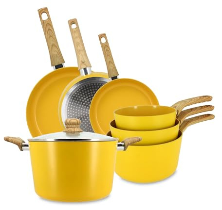 MENASTYL - Set de 7 pièces Colorama safran - Poêles/Casseroles/Faitout - En aluminium - Revêtement antiadhésif en céramique - Tous feux dont induction