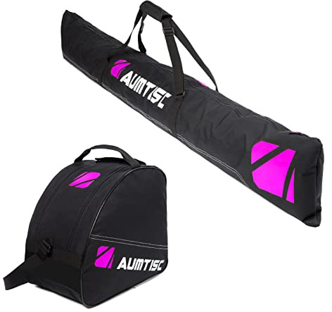 AUMTISC Skitasche Set Skisack &Skischuhtasche Längenverstellbare Bis 200 cm für 1 Paar Ski & Skischuhe（Rosa,Gepolstert-5MM）