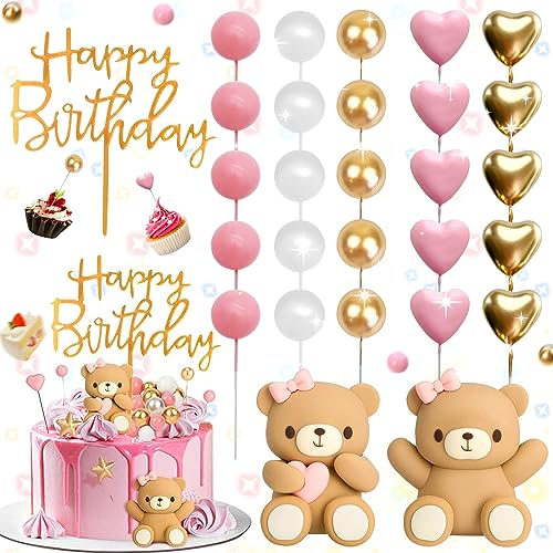 Oneroomone 28 Piezas Decoración Tartas Infantiles, Bolas y Oso De Peluche, Dos Ositos, Topper De Pastel De Feliz Cumpleaños