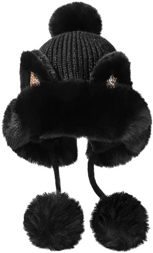 Malaxlx Damen Wintermütze Schwarz Katzenohren Peruanische Mütze Strickmütze Warme Winter Beanie Mütze Fellmütze Pelzmütze Bommelmütze Plüsch Ohrenklappe Mütze