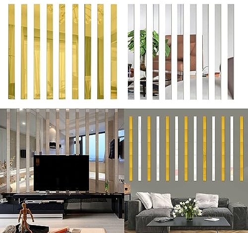 Acryl-Spiegel-Mosaik-Wandaufkleber, lange Streifen, Acryl-Spiegelfliesen, einfach abziehen und aufkleben, für DIY-Heimdekoration, Wohnzimmer und Schlafzimmer (Gold)
