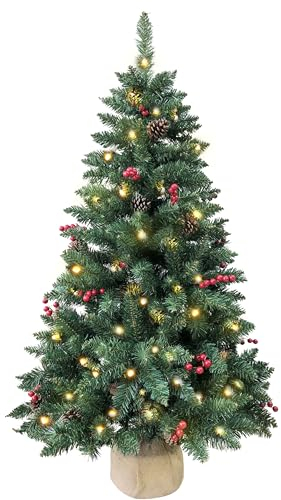 Pre-lit Christmas Tree 120cm/4ft,300 Branches Tips Artificial Pine Xmas Tree with 100 LED Lights & 20 Red Berry & 20 Pinecone Burlap Base for Indoor Outdoor Decoration