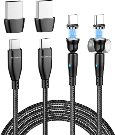 Krsende Magnetic Charging Cable 2Pack 2M, 60W Quick Charge, 2 in 1 USB A/USB C to Type C Fast Charging, 360° & 180° Rotating Cable