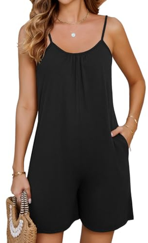 Niwicee Mono Mujer Verano,Monos Corto de Pierna Ancha con Bolsillo Cuello en V Jumpsuit Overol de Verano Bohemio sin Mangas para Playa Informal(Negro,XL)