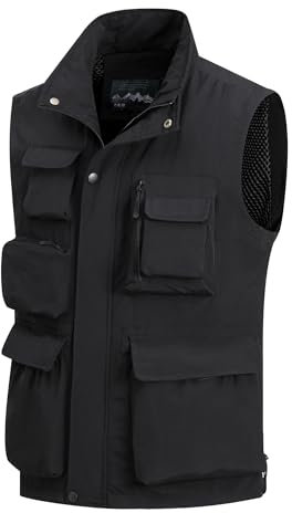 MeiLayM Herren Outdoor Weste mit Vielen Taschen Anglerweste Ärmellose Freizeit Weste Leicht Atmungsaktiv Weste Sommer schnelltrocknend Gilet Jagd Fotografie Sport Weste Schwarz,L