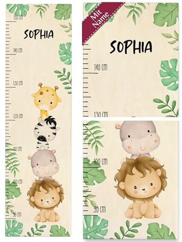 Messlatte Kind Holz - Tiere - Kindermesslatte Zootiere I Löwe I Nilpferd I Zebra I Giraffe mit Name - 90-150 cm - Holz - kinder safari 160 tier dschungel meßlatte größe eichhörnchen metermaß