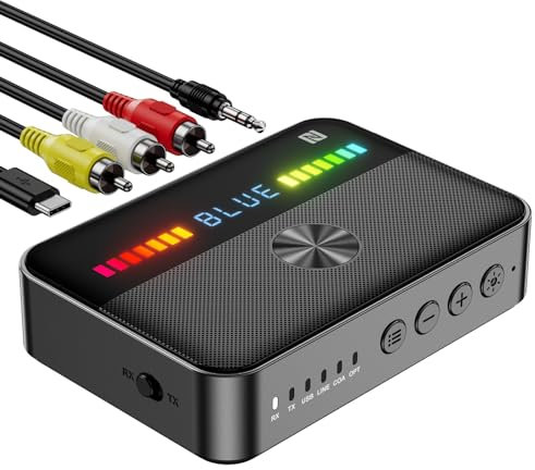 MOREGAX Transmisor receptor de audio M13 RGB Bluetooth 5.3, adaptador de audio Bluetooth para estéreo o altavoces de TV con pantalla, USB, RCA, AUX, DAC, coaxial, óptico