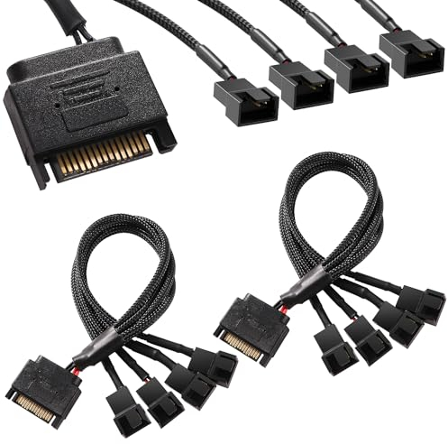 KUOQIY Adaptateur de répartiteur de ventilateur SATA 2 pièces, câble d'alimentation, 15 broches vers 4 x 3 broches/4 broches PMW 12 V boîtier PC câble adaptateur d'alimentation