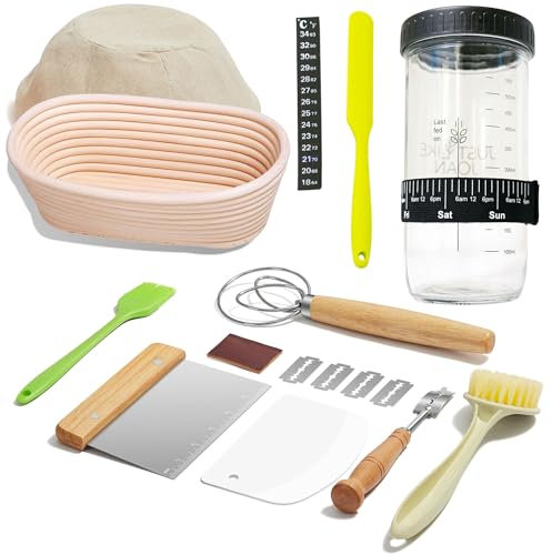 Boyun 10 Inch Oval Sourdough Starter Kit with Guide Book, Sourdough Starter Jar Set, Baking Tools Banneton Bread Proofing Basket with Bread Lame, Dough Scraper, Basket Cover for Bread Making