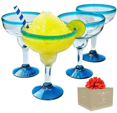 AGAVE'S GLASSWARE Juego de 4 vasos de margarita (16 onzas) – Vaso de margarita con borde de agua, cristalería mexicana, hechos a mano, caja de regalo, vasos de cóctel, tazas de margarita (borde de