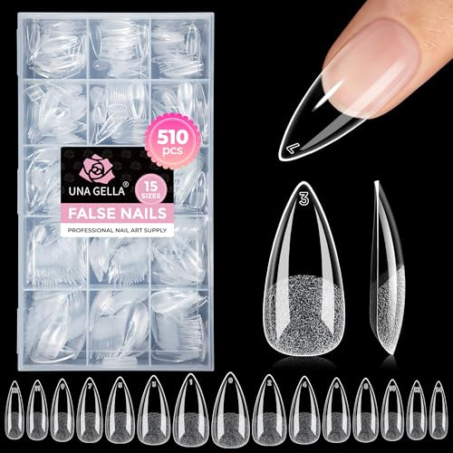 UNA GELLA Capsule Americaine Ongle Stiletto Medium 510 pcs, 15 Tailles, Capsules Ongles Gel Pré-Poncées Sans Limage, Faux Ongles Stiletto Full Cover Soft Gel pour Extensions et Nail Art