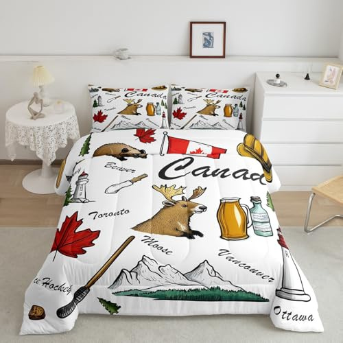 Canada Comforter Set Toddler Size,Wild Moose Beaver Animal Ice Hockey Bedding Set for Kids Teens,Rustic Maple Leaf Natural Mount Lighthouse Hand Graffiti Comforter,White,2 Pcs 1 Pillowcase