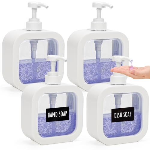 Segbeauty Spülmittelspender, 4 Stück Pumpflasche 500ml, Seifenspender Weiß, Shampoo Spender mit Etiketten, Spüli Spender Küche, Seifenspender Set (Kunststoff)