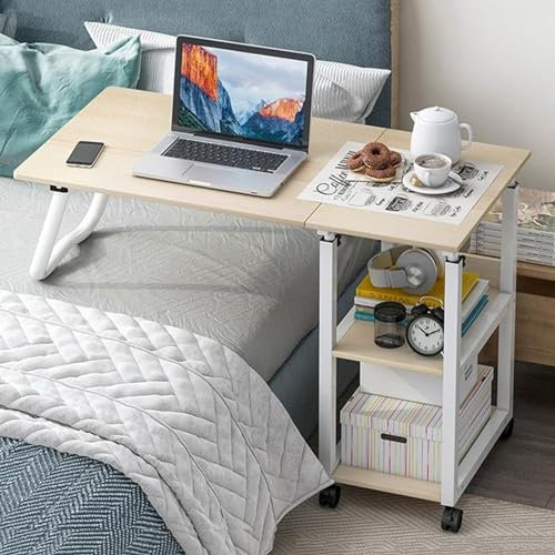 Tavolino da letto regolabile in altezza con ruote 2 in 1 mobile pieghevole comodino portatile sopra il letto scrivania salvaspazio legno di acero color ciliegio taglia A