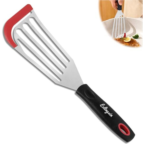 2 Pack Fish Spatula Set with Silicone Edge - Stainless Steel Fish Turner for Nonstick Cookware, Heat Resistant Flexible Kitchen Flipper for Eggs, Filets & Pancakes (Black & Red)