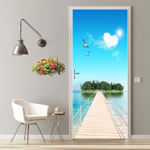 Türfolie Selbstklebend 3D Türaufkleber Insel Hölzerne Brücke Türtapete Selbstklebend Türposter 77X200 cm Türtattoo Poster Tapete Abnehmbar Fototapete für Wohnzimmer Schlafzimmer Küche Bad -MT1018