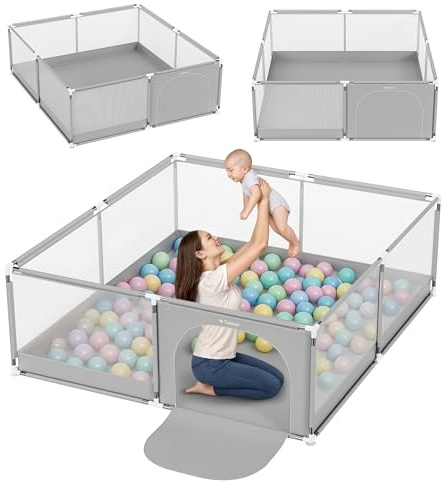 Tulano Cozy 28 Laufstall Baby 180x200 cm – Großes Laufgitter Baby | mit atmungsaktivem Netz – Sicherer Playpen für Innen und Außen – Stabiler Metallrahmen – Kindgerechte Materialien – Hellgrau